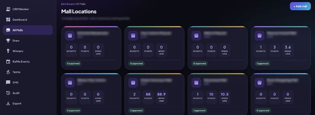 eRaffle organiser console: Mall Locations, a grid of participating malls, each showing receipts, tickets, spend in OMR and approvals (demo data). Mall names are blurred.