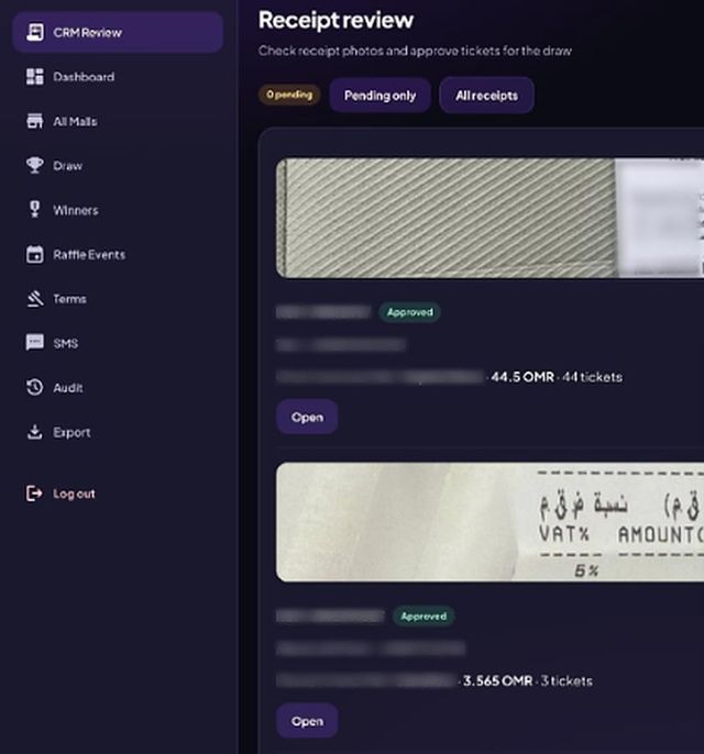eRaffle organiser console: the Receipt review page, where receipt photos are checked and tickets approved for the draw (demo data). Names, phone numbers, receipt IDs, malls and stores are blurred.