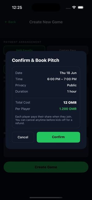 CaptainPass on a phone: the Confirm & Book Pitch dialog with date, time, privacy, duration, total cost and each player’s share (demo data).