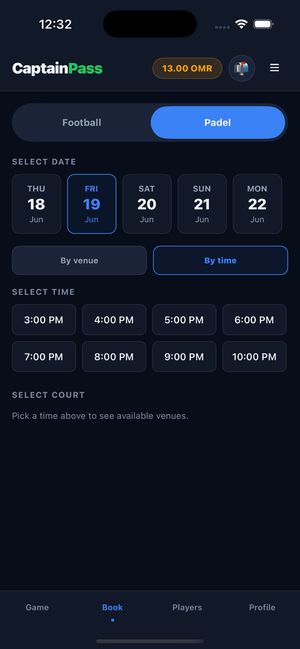CaptainPass on a phone: booking padel by time, with a date strip, a By venue / By time switch and open time slots (demo data).