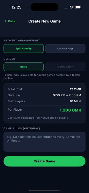 CaptainPass on a phone: Create New Game, with Split Equally or Captain Pays, a mixed or female-only option, and each player’s share worked out from the venue price (demo data).