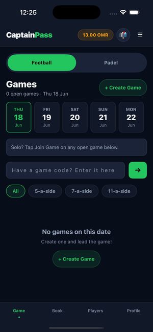 CaptainPass on a phone: the Games tab, with football and padel tabs, a date strip, a game-code field, team-size filters and a Create Game button (demo data).