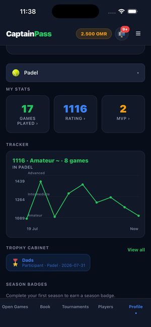 CaptainPass on a phone: a player profile with games played, rating, MVP awards, a rating chart and a trophy cabinet (demo data).