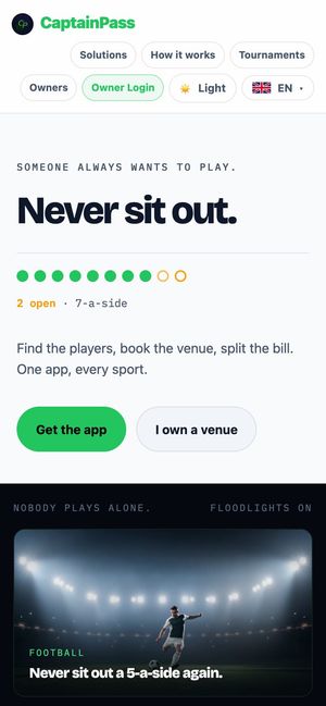 The CaptainPass website on a phone, in English: "Never sit out." with Get the app and I own a venue buttons.