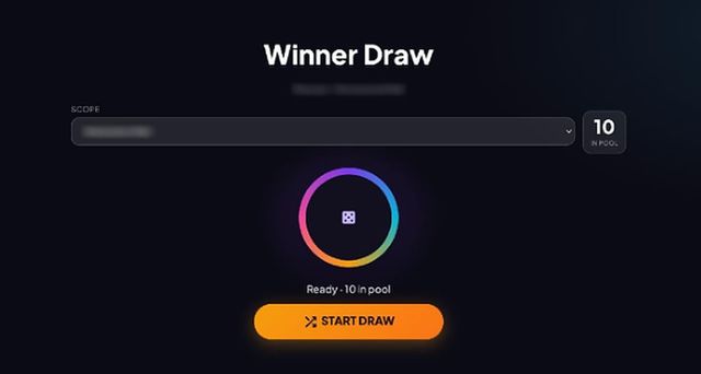 eRaffle live draw screen: Winner Draw, with a scope picker, the number of tickets in the pool, a ready ring and a Start draw button (demo data). Mall names are blurred.
