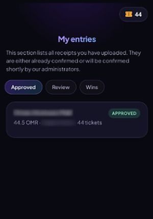 eRaffle on a phone: My entries lists an approved receipt with its amount and ticket count, and the ticket balance shows in the corner (demo data). Mall and store names are blurred.
