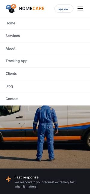 The Home Care menu open on a phone: Home, Services, About, Tracking App, Clients, Blog and Contact.