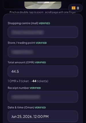 eRaffle on a phone: every receipt field is marked Verified, with a ticket estimate under the amount (demo data). Mall, store and receipt number are blurred.