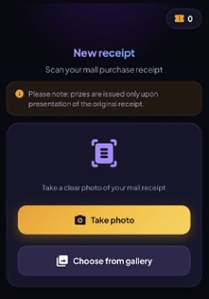 eRaffle on a phone: the New receipt screen asks for a clear photo of a mall receipt, with Take photo and Choose from gallery buttons (demo data).