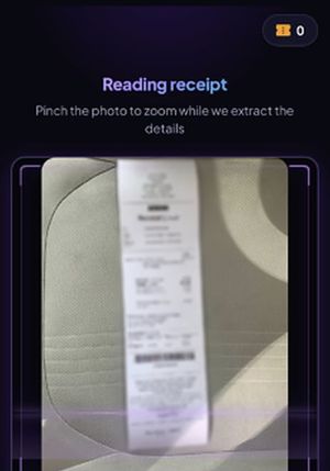 eRaffle on a phone: the Reading receipt screen shows the receipt photo while its details are extracted (demo data). The receipt print is blurred.