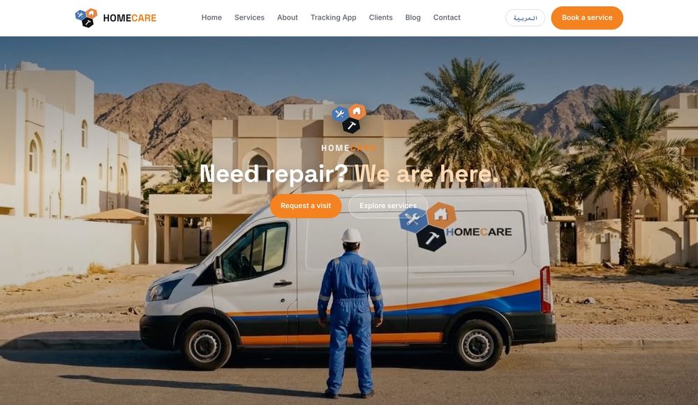 The Home Care website home page, in English: a technician beside a branded service van under "Need repair? We are here.", with Request a visit and Explore services buttons.