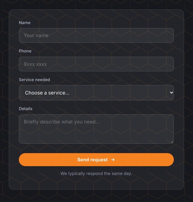 The Home Care service-request form, empty: name, phone, service needed and details, with a Send request button.
