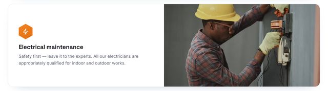 A service card from the Home Care website: Electrical maintenance, with a short description and a photo of an electrician at work.